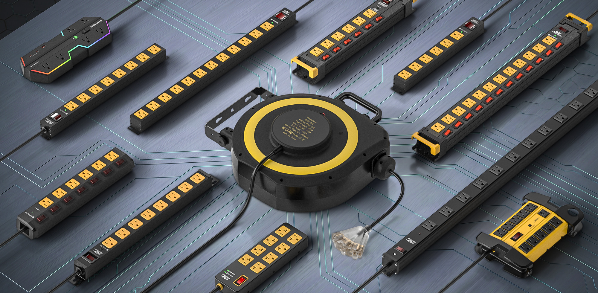 CRST heavy-duty power strips on a workbench